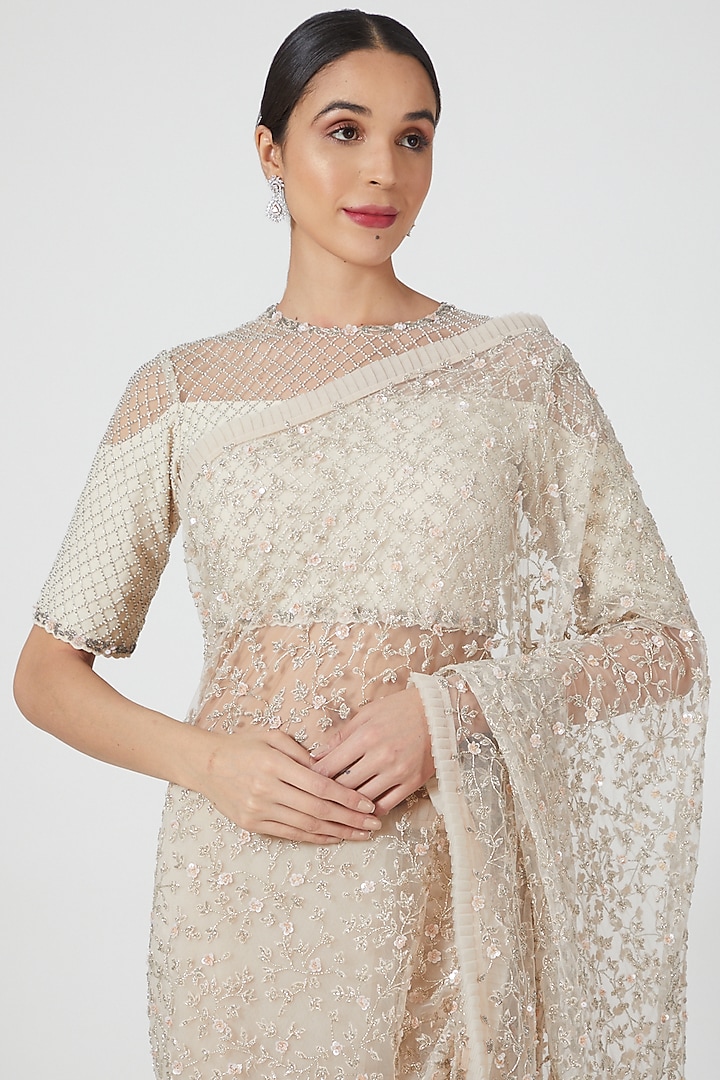 Ivory Georgette & Net Sequins Hand Embroidered Reception Saree Set by COUTURE BY NIHARIKA at Pernia's Pop Up Shop