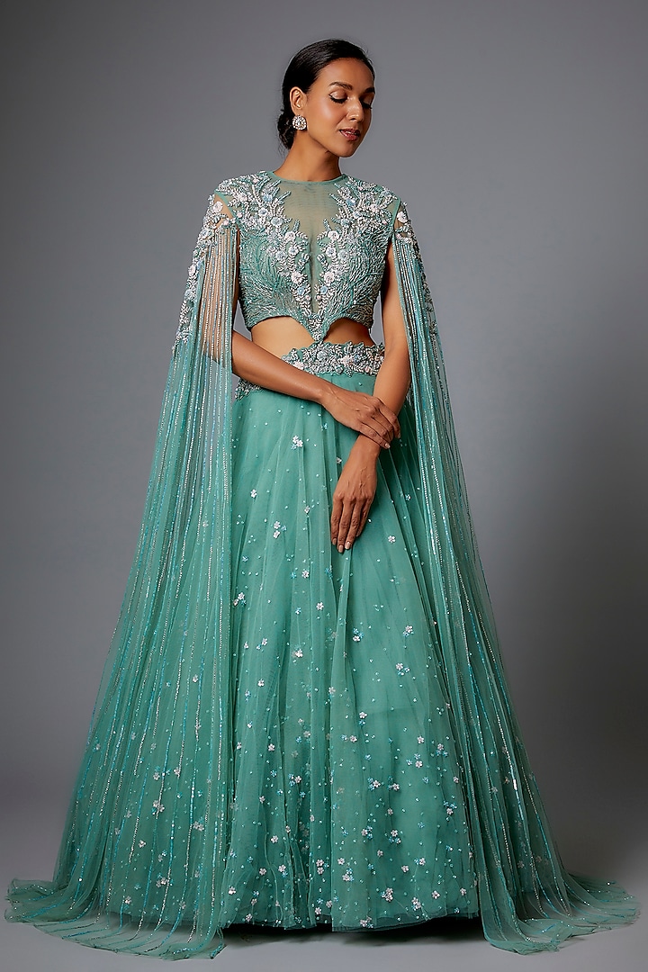 Aqua Green Taiwan Net Embroidered Lehenga Set by COUTURE BY NIHARIKA