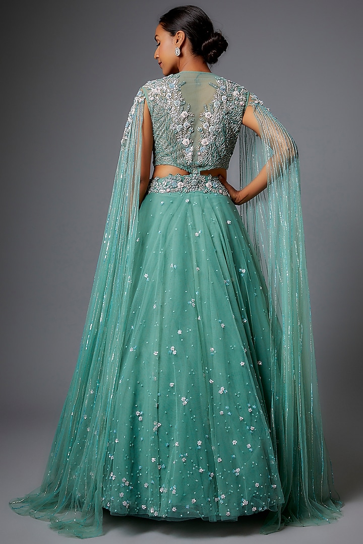 Aqua Green Taiwan Net Embroidered Wedding Lehenga Set by COUTURE BY NIHARIKA at Pernia's Pop Up Shop