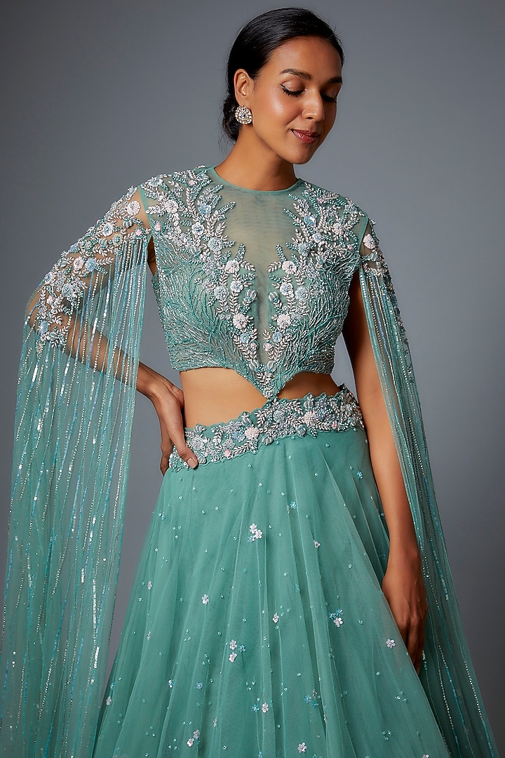 Aqua Green Taiwan Net Embroidered Wedding Lehenga Set by COUTURE BY NIHARIKA at Pernia's Pop Up Shop