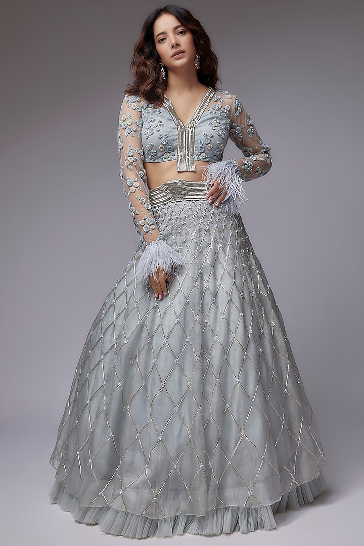 Blue Organza Embroidered Lehenga Set by COUTURE BY NIHARIKA