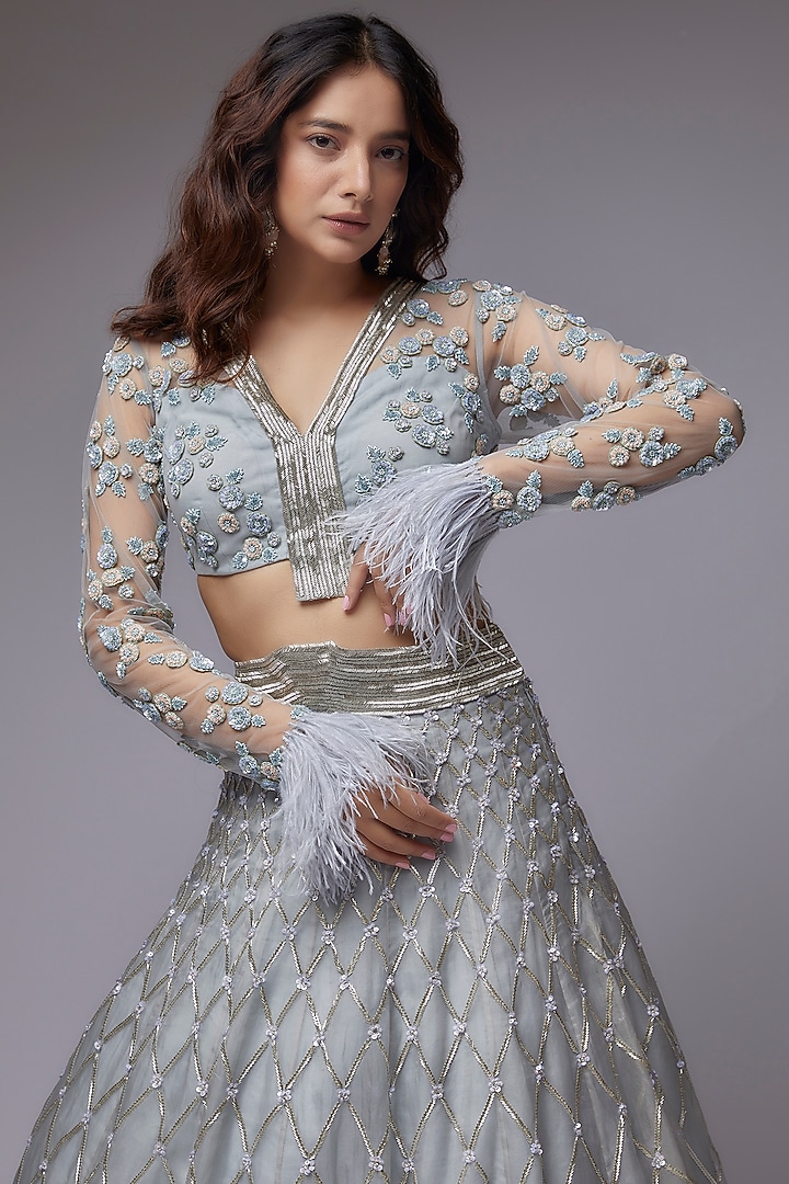 Blue Organza Embroidered Bridal Lehenga Set by COUTURE BY NIHARIKA at Pernia's Pop Up Shop