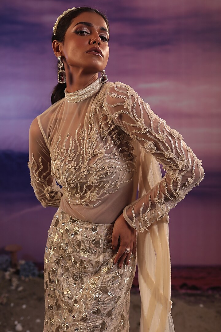 Ivory Net & Organza Embroidered Fish-Cut Skirt Set by COUTURE BY NIHARIKA at Pernia's Pop Up Shop