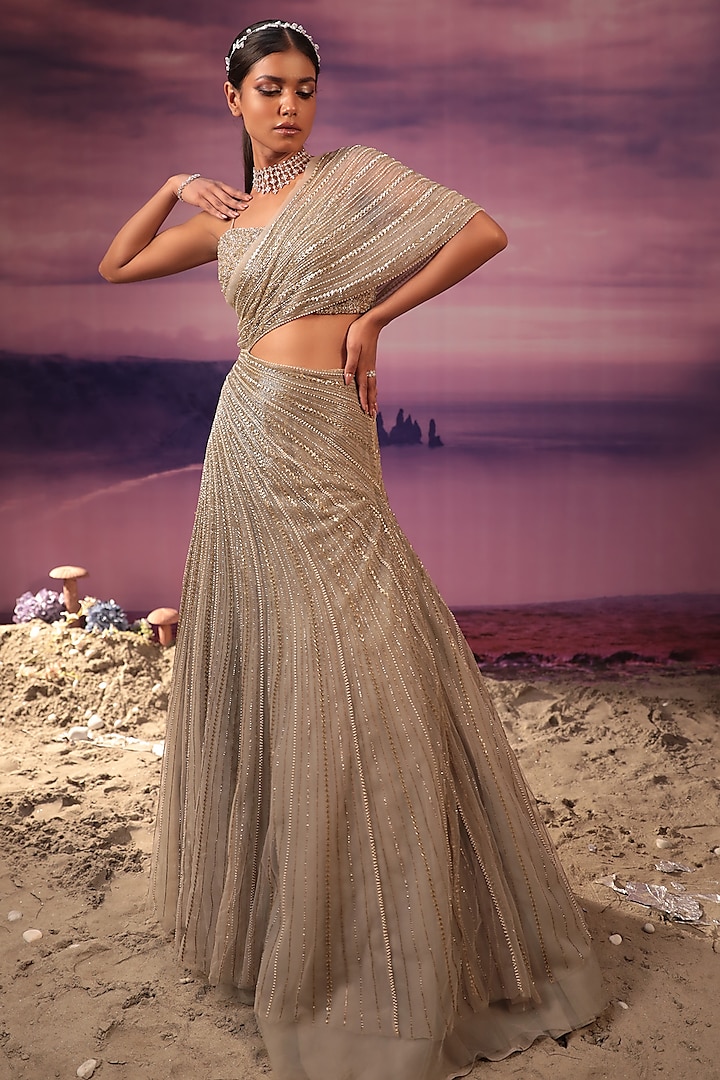 Grey & Gold Net Sequins Embroidered Gown With Bustier by COUTURE BY NIHARIKA