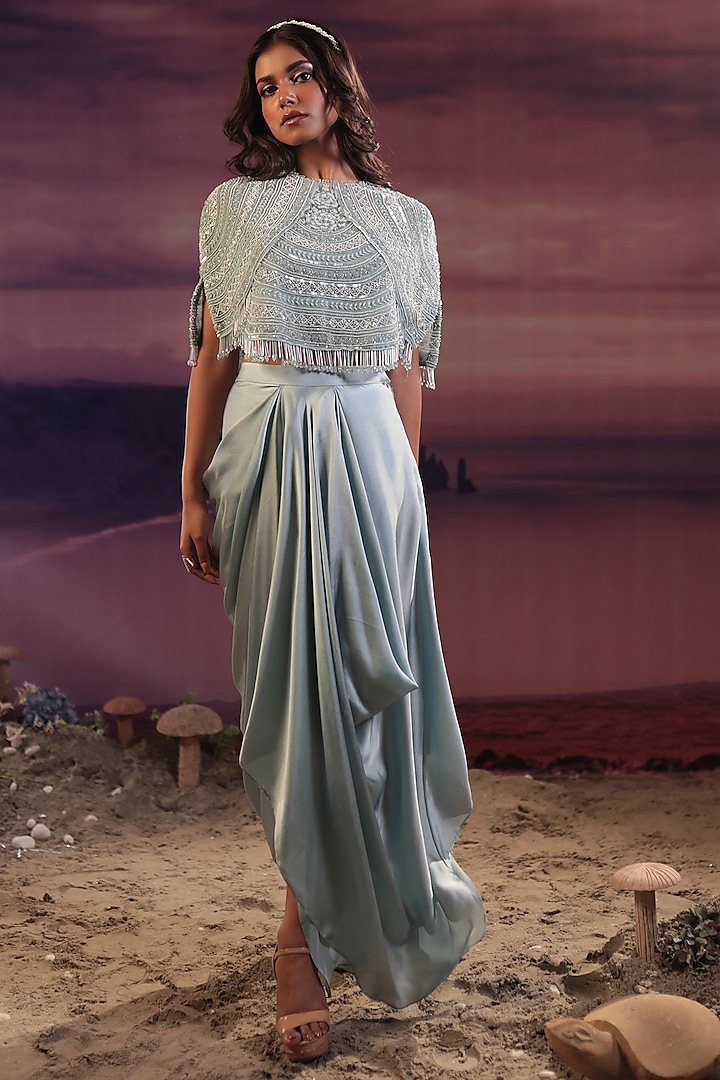 Powder Blue Organza Sequins & Cutdana Embroidered Cape Set by COUTURE BY NIHARIKA