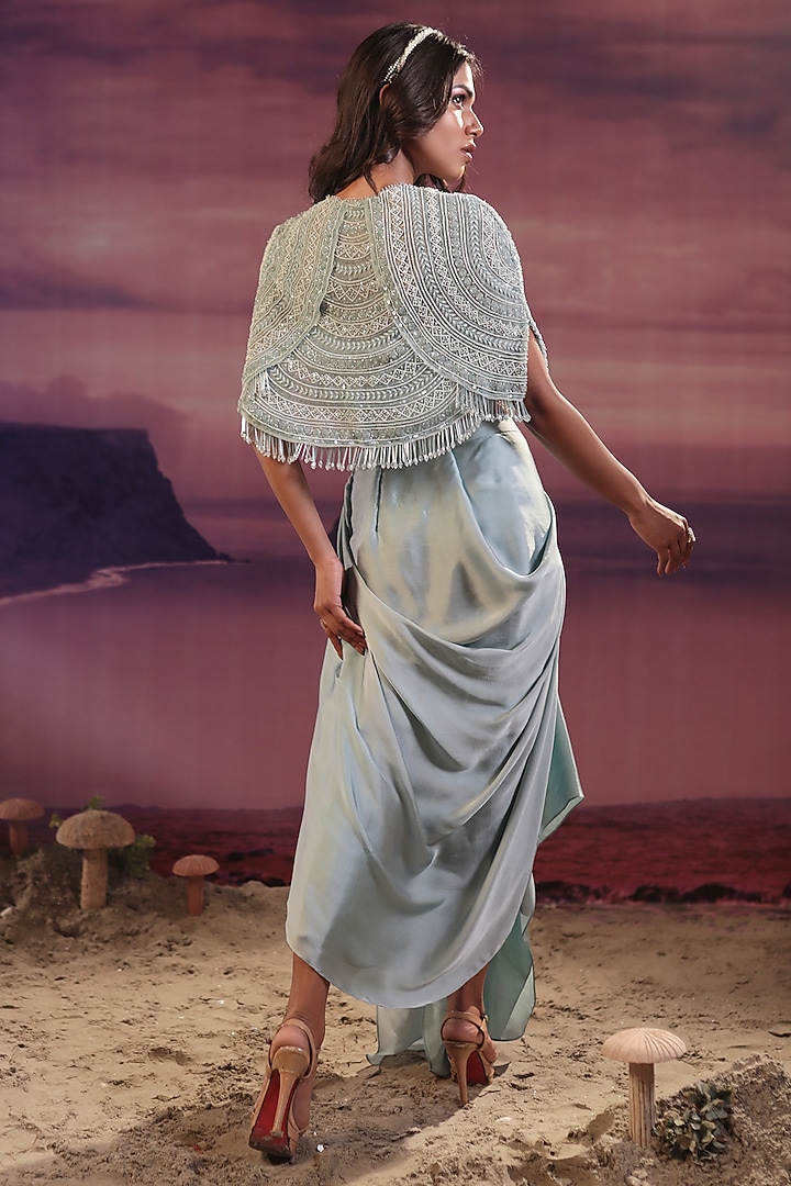 Powder Blue Organza Sequins & Cutdana Embroidered Cape Set by COUTURE BY NIHARIKA at Pernia's Pop Up Shop