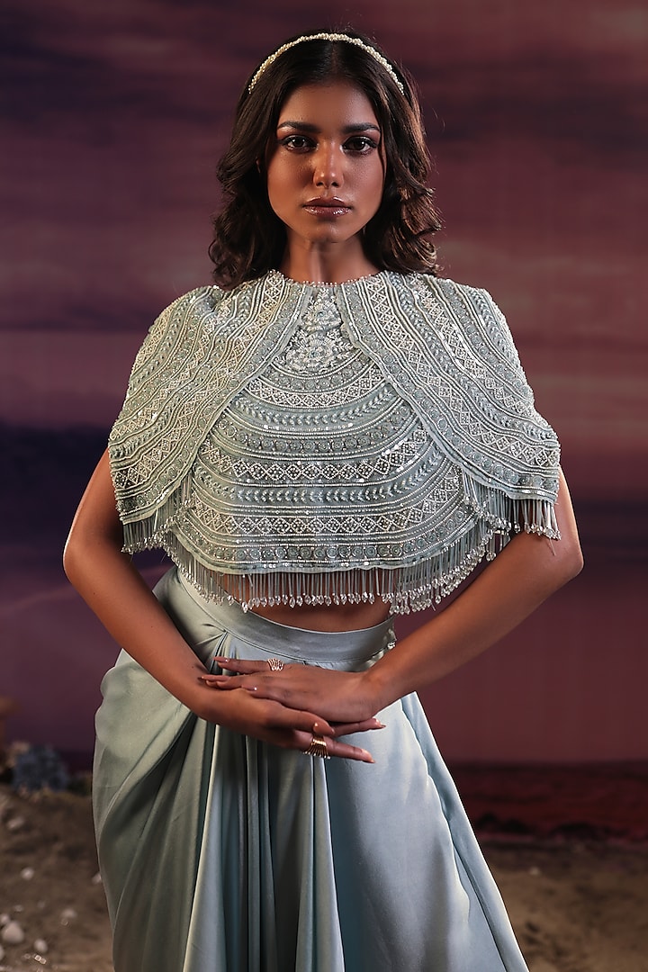 Powder Blue Organza Sequins & Cutdana Embroidered Cape Set by COUTURE BY NIHARIKA at Pernia's Pop Up Shop