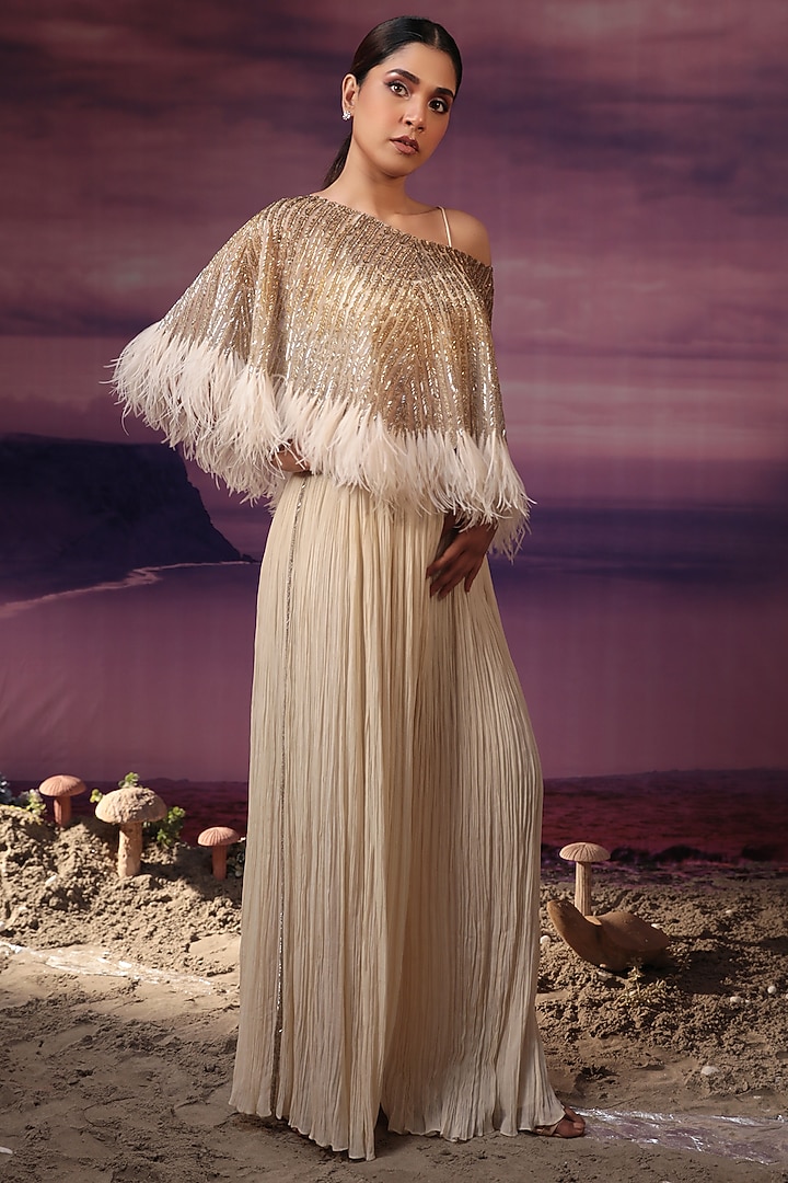 Ivory Organza & Viscose Cutdana Embroidered Cape Set by COUTURE BY NIHARIKA at Pernia's Pop Up Shop