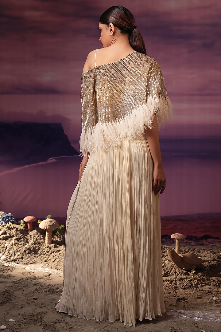 Ivory Organza & Viscose Cutdana Embroidered Cape Set by COUTURE BY NIHARIKA at Pernia's Pop Up Shop