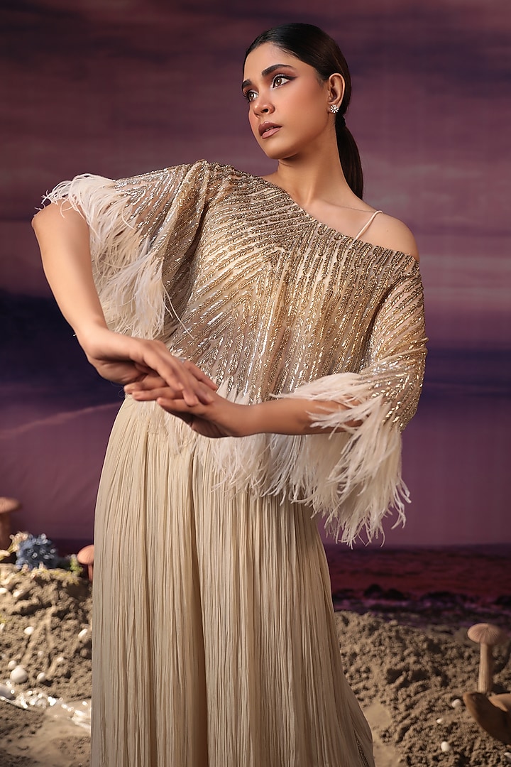 Ivory Organza & Viscose Cutdana Embroidered Cape Set by COUTURE BY NIHARIKA at Pernia's Pop Up Shop