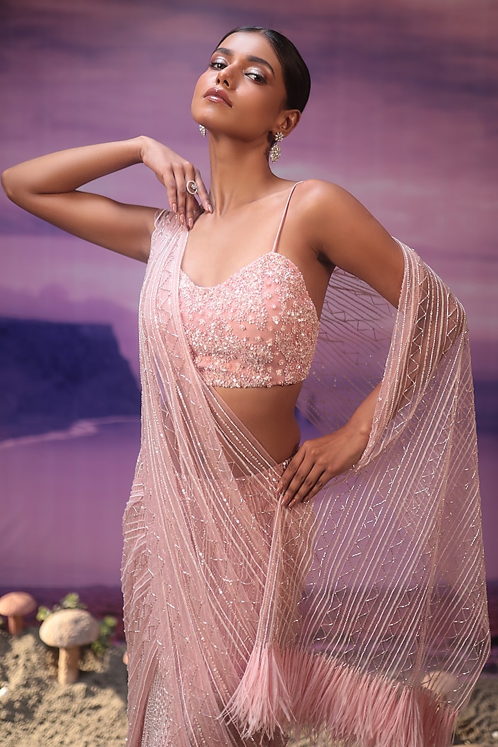 Powder Pink Net & Organza Embroidered Reception Saree Set by COUTURE BY NIHARIKA at Pernia's Pop Up Shop