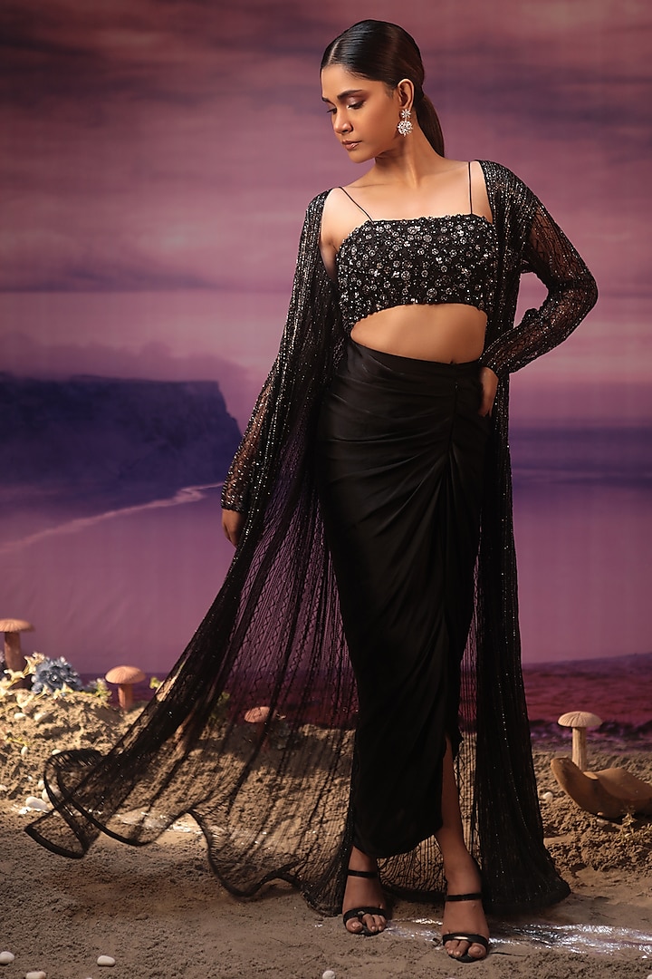 Black Net Cutdana Embroidered Jacket Set by COUTURE BY NIHARIKA