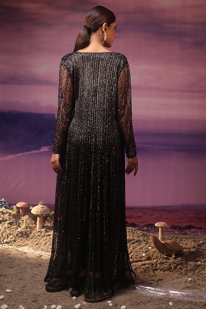 Black Net Cutdana Embroidered Jacket Set by COUTURE BY NIHARIKA at Pernia's Pop Up Shop