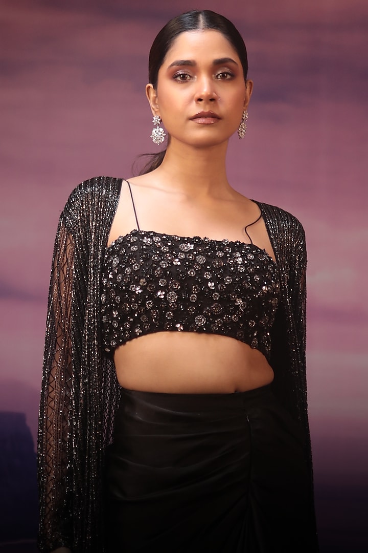 Black Net Cutdana Embroidered Jacket Set by COUTURE BY NIHARIKA at Pernia's Pop Up Shop