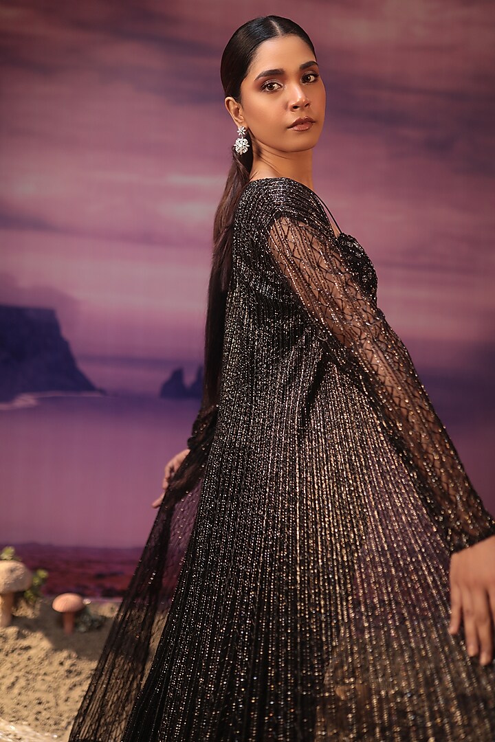 Black Net Cutdana Embroidered Jacket Set by COUTURE BY NIHARIKA at Pernia's Pop Up Shop