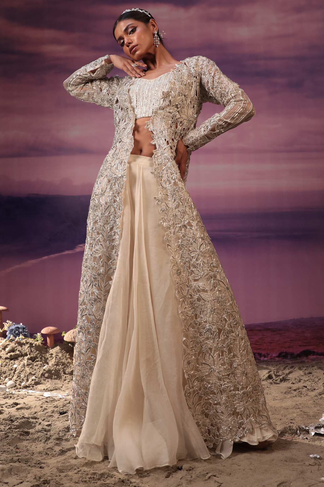Ivory Net Cutwork Embroidered Jacket Set by COUTURE BY NIHARIKA at Pernia's Pop Up Shop