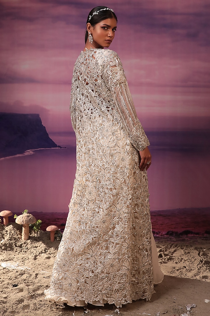 Ivory Net Cutwork Embroidered Jacket Set by COUTURE BY NIHARIKA at Pernia's Pop Up Shop