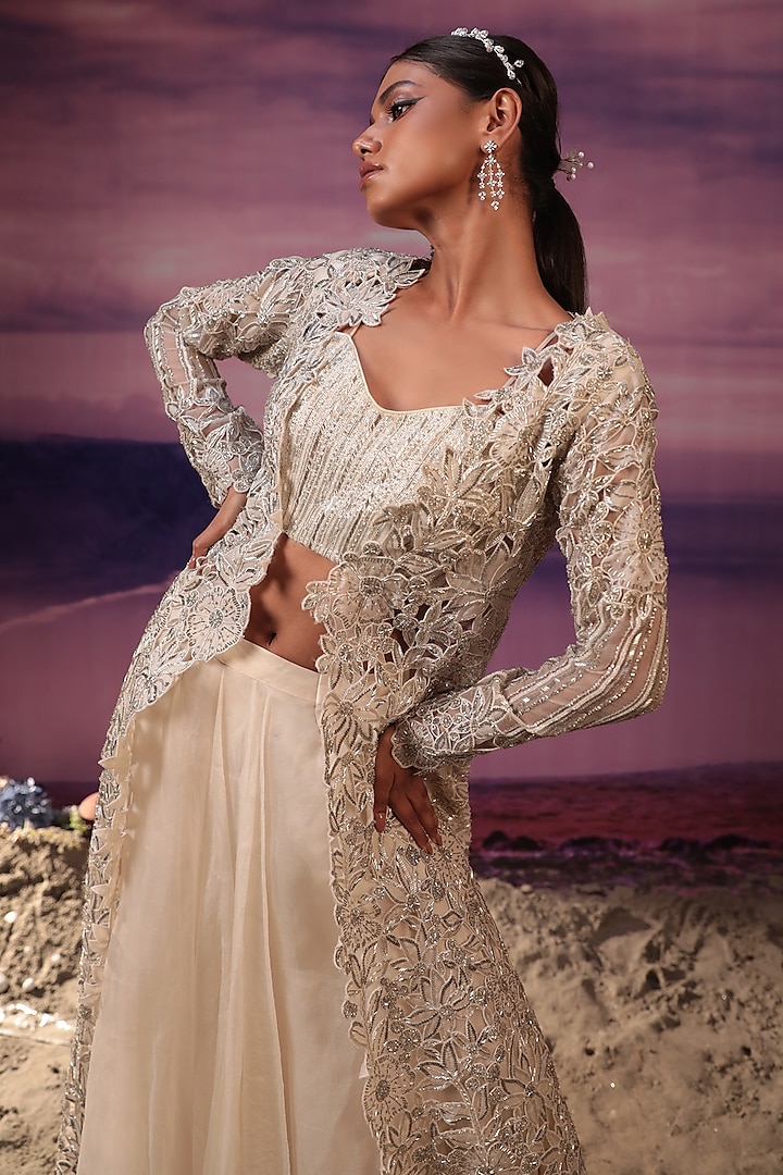 Ivory Net Cutwork Embroidered Jacket Set by COUTURE BY NIHARIKA at Pernia's Pop Up Shop