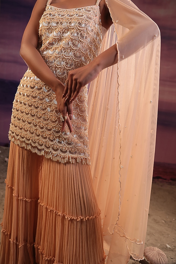 Peach Viscose Wedding Sharara Set by COUTURE BY NIHARIKA at Pernia's Pop Up Shop