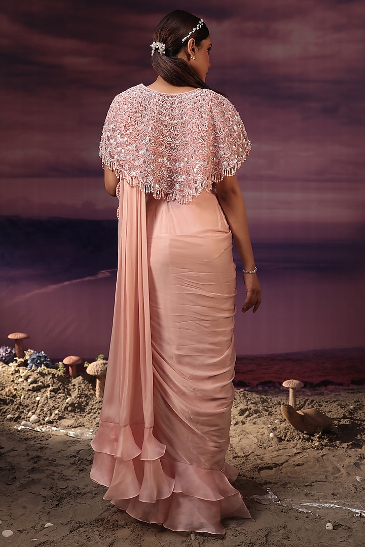 Peach Georgette Moti Embroidered Ruffled Jacket Reception Saree Set by COUTURE BY NIHARIKA at Pernia's Pop Up Shop
