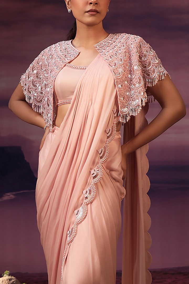 Peach Georgette Moti Embroidered Ruffled Jacket Reception Saree Set by COUTURE BY NIHARIKA at Pernia's Pop Up Shop