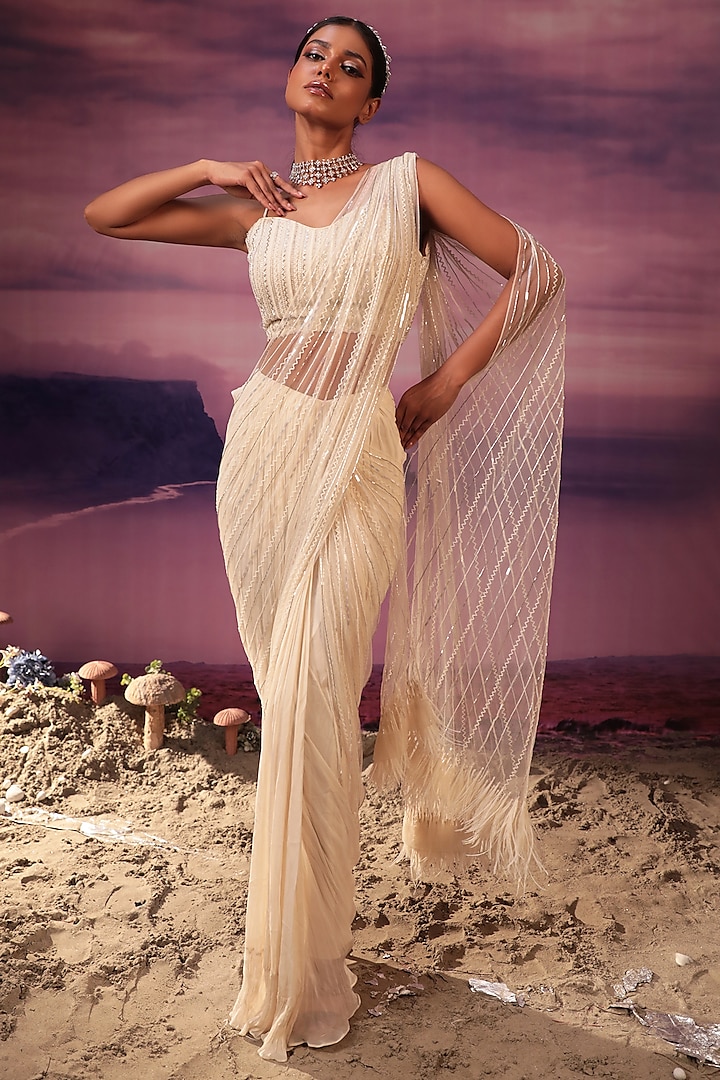 Ivory Viscose & Organza Feather Embroidered Wedding Saree Set by COUTURE BY NIHARIKA at Pernia's Pop Up Shop