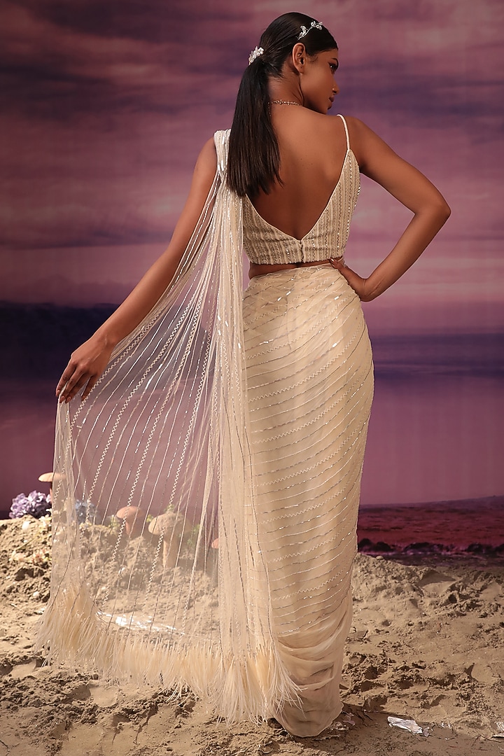Ivory Viscose & Organza Feather Embroidered Wedding Saree Set by COUTURE BY NIHARIKA at Pernia's Pop Up Shop