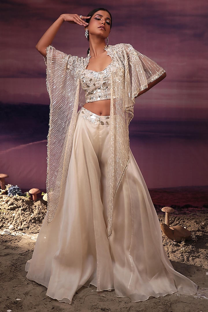 Ivory Satin Organza & Net Line Embroidered Cape Set by COUTURE BY NIHARIKA