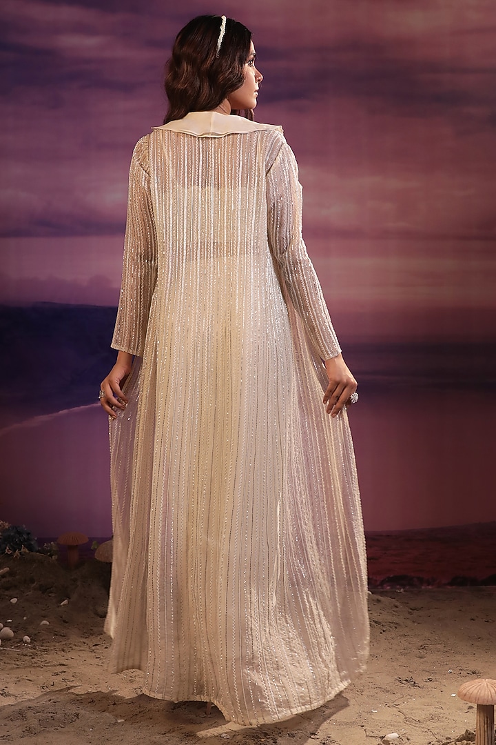 Ivory Satin & Net Crystal Embroidered Scalloped Jacket Set by COUTURE BY NIHARIKA at Pernia's Pop Up Shop