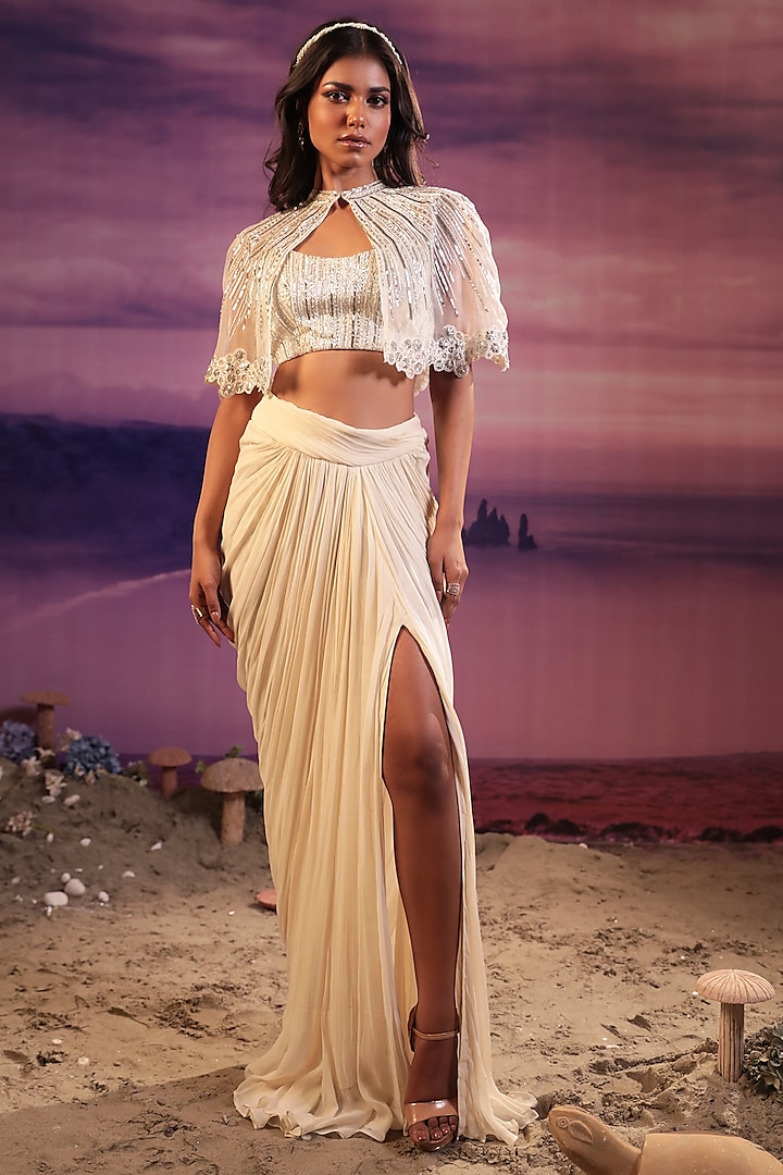 Ivory Viscose & Georgette Draped Skirt Set by COUTURE BY NIHARIKA