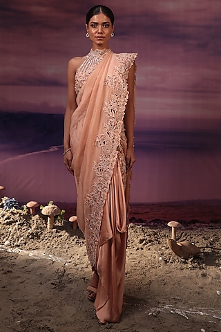 Peach Satin Cutwork Draped Saree Set by COUTURE BY NIHARIKA