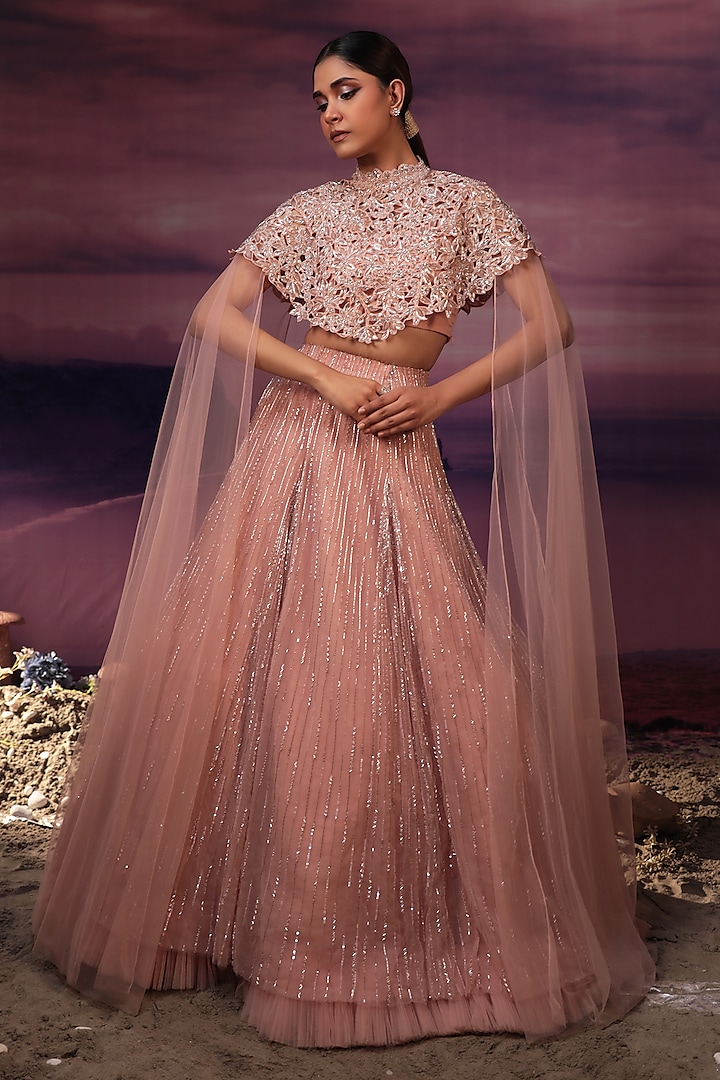 Peach Net & Organza Jacket Wedding Lehenga Set by COUTURE BY NIHARIKA at Pernia's Pop Up Shop