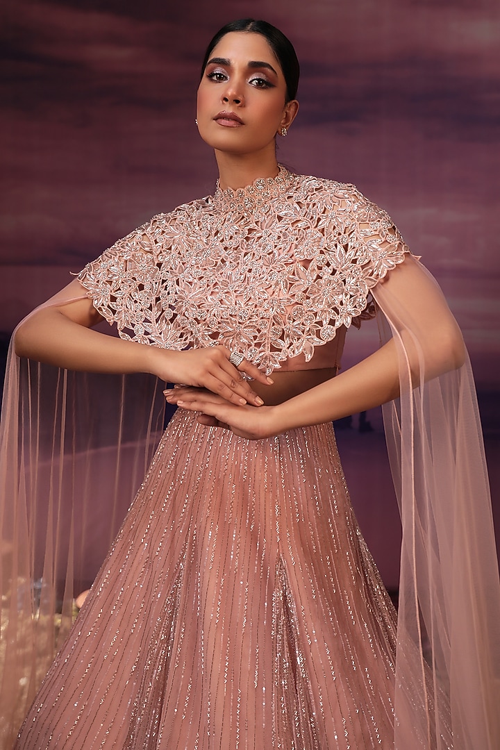 Peach Net & Organza Jacket Wedding Lehenga Set by COUTURE BY NIHARIKA at Pernia's Pop Up Shop