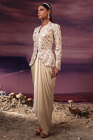 Ivory Satin & Organza Draped Skirt Set by COUTURE BY NIHARIKA