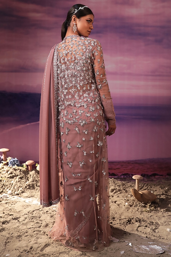 Dusty Purple Net & Chiffon Reception Saree Set by COUTURE BY NIHARIKA at Pernia's Pop Up Shop