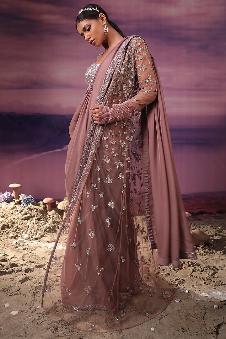 Dusty Purple Net & Chiffon Reception Saree Set by COUTURE BY NIHARIKA at Pernia's Pop Up Shop