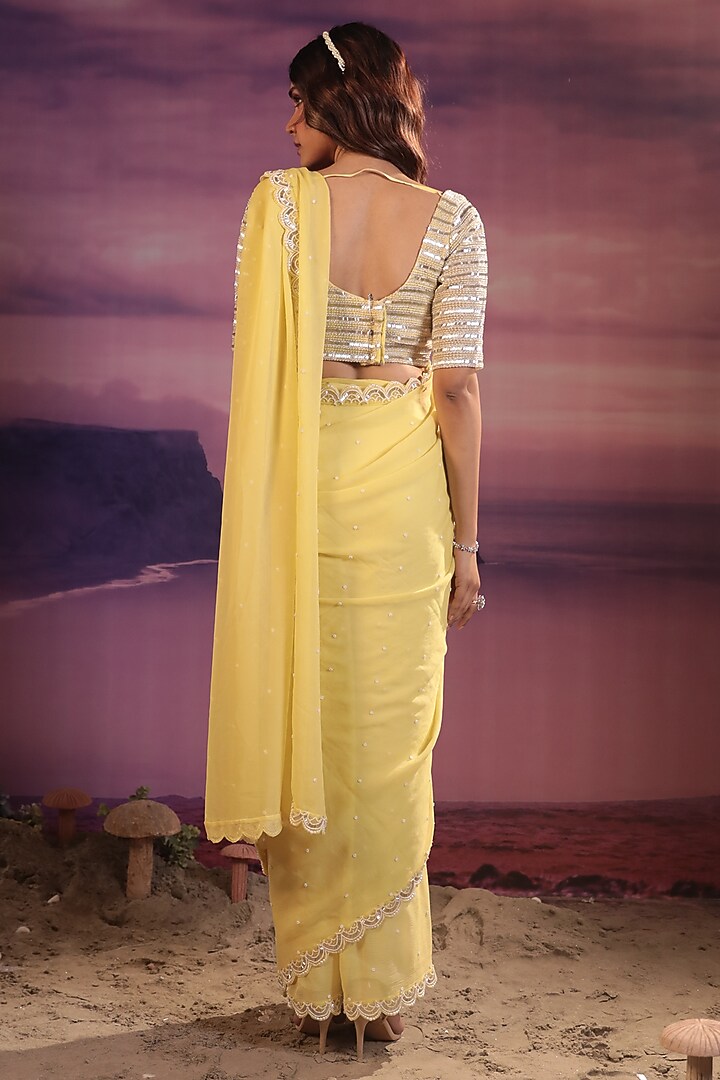 Mango Yellow Chiffon & Organza Reception Saree Set by COUTURE BY NIHARIKA at Pernia's Pop Up Shop