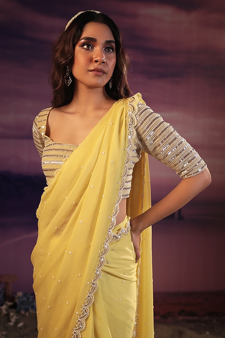 Mango Yellow Chiffon & Organza Reception Saree Set by COUTURE BY NIHARIKA at Pernia's Pop Up Shop
