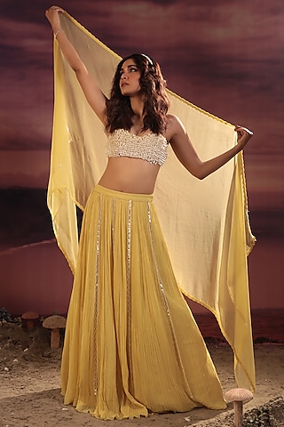 Mango Yellow Chiffon & Organza Lehenga Set by COUTURE BY NIHARIKA