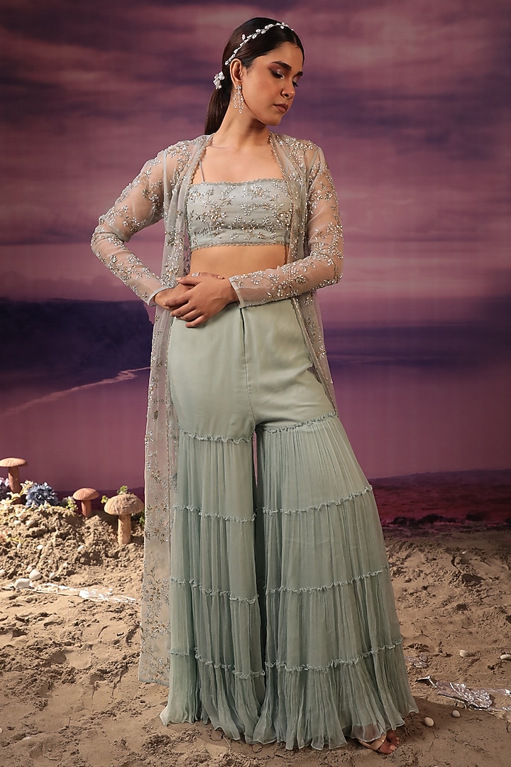 Powder Blue Viscose & Organza Wedding Sharara Set by COUTURE BY NIHARIKA at Pernia's Pop Up Shop