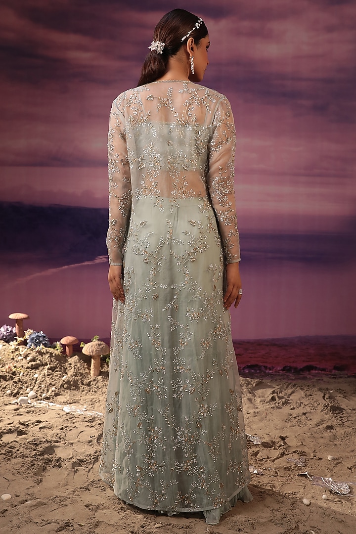 Powder Blue Viscose & Organza Wedding Sharara Set by COUTURE BY NIHARIKA at Pernia's Pop Up Shop