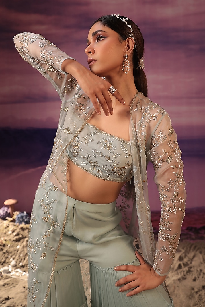 Powder Blue Viscose & Organza Wedding Sharara Set by COUTURE BY NIHARIKA at Pernia's Pop Up Shop