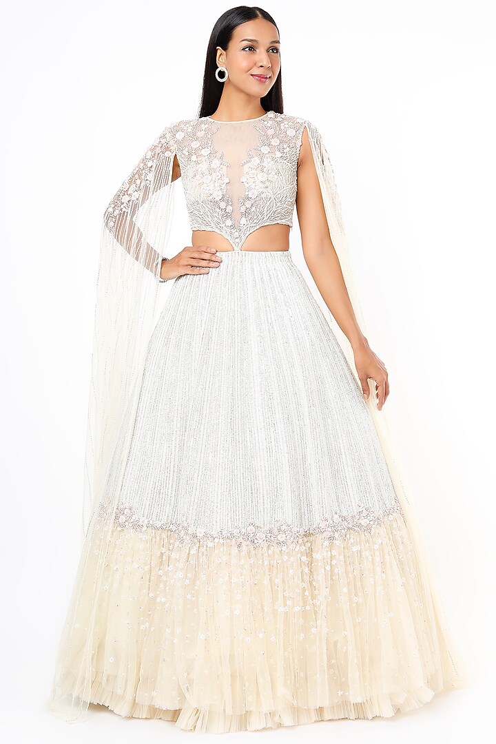 Peach & White Embroidered Bridal Lehenga Set by COUTURE BY NIHARIKA at Pernia's Pop Up Shop