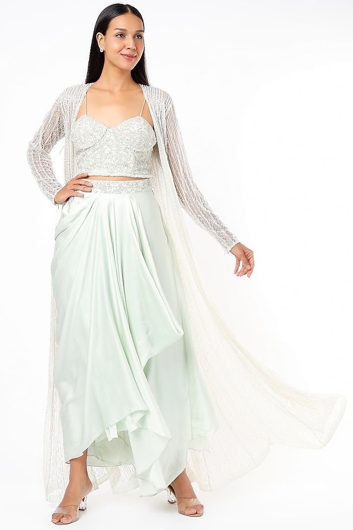 Mint Pure Satin Draped Skirt Set With Net Jacket by COUTURE BY NIHARIKA at Pernia's Pop Up Shop