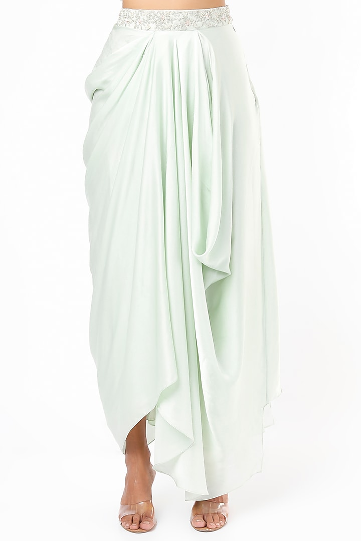 Mint Pure Satin Draped Skirt Set With Net Jacket by COUTURE BY NIHARIKA at Pernia's Pop Up Shop