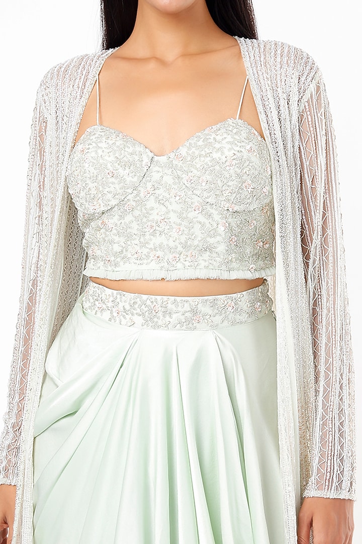 Mint Pure Satin Draped Skirt Set With Net Jacket by COUTURE BY NIHARIKA at Pernia's Pop Up Shop