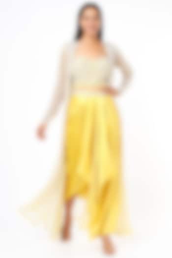 Mango Yellow Pure Satin Draped Skirt Set With Jacket by COUTURE BY NIHARIKA