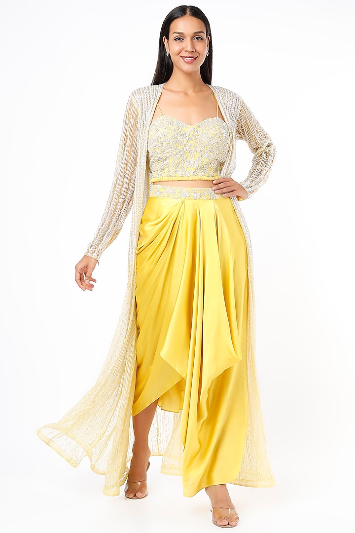 Mango Yellow Pure Satin Draped Skirt Set With Jacket by COUTURE BY NIHARIKA