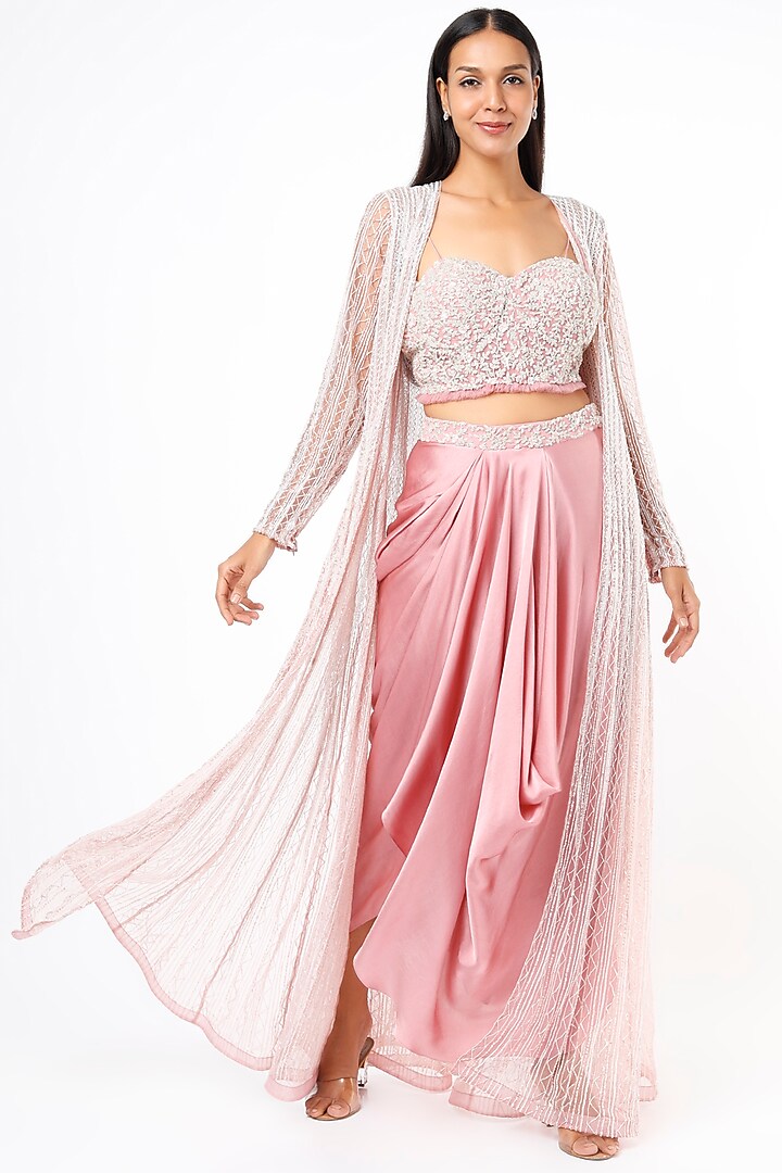 Old Rose Pure Satin Draped Skirt Set With Net Jacket by COUTURE BY NIHARIKA