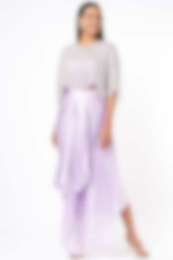 Lilac Pure Satin Draped Skirt Set With Organza Cape by COUTURE BY NIHARIKA at Pernia's Pop Up Shop